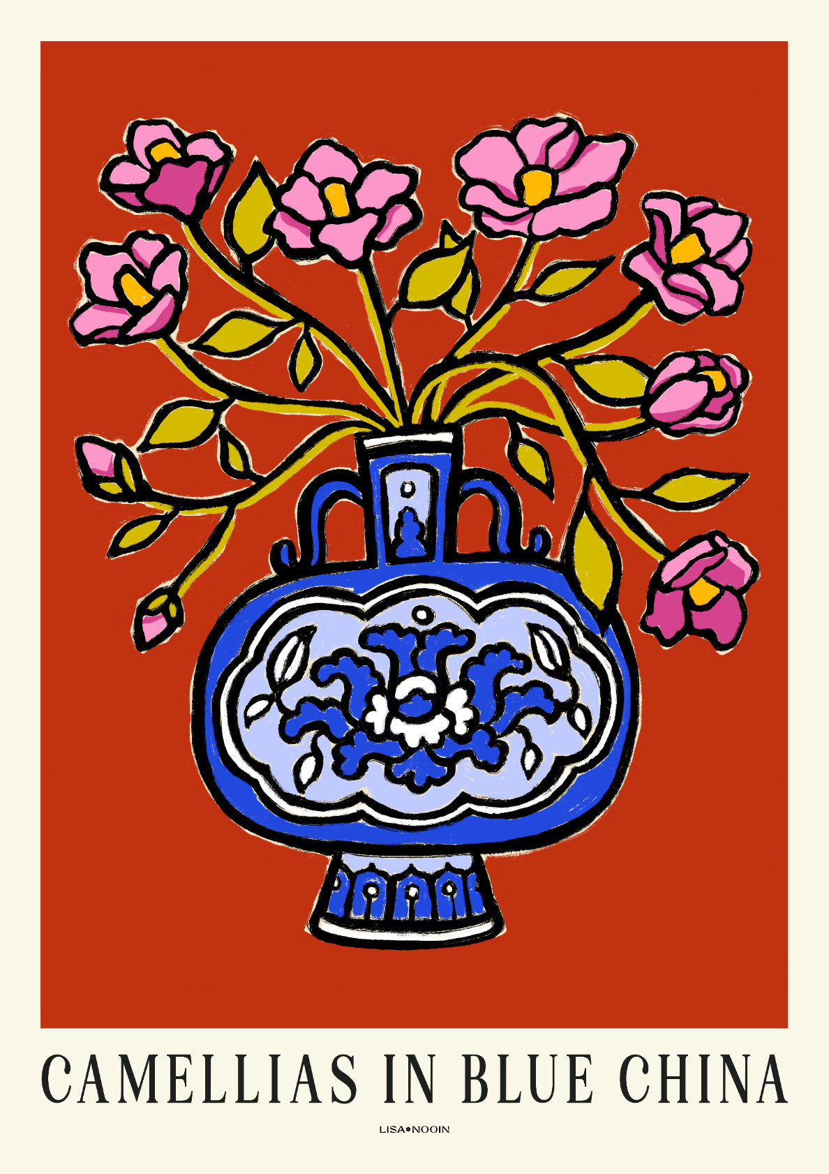Red Camellias in Blue China