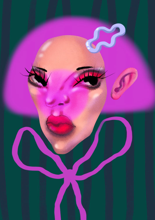 Woman face with bow on background with stripes