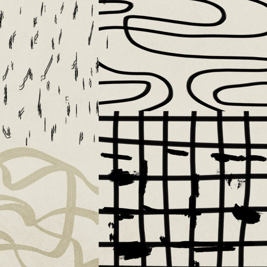 With various shapes and brushstrokes in black, beige and gold tones