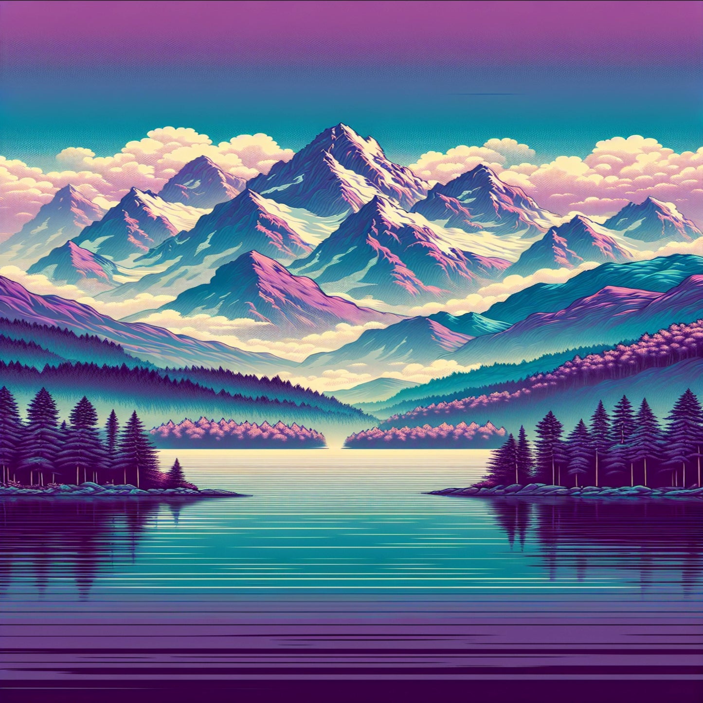 Orange sun misty mountains