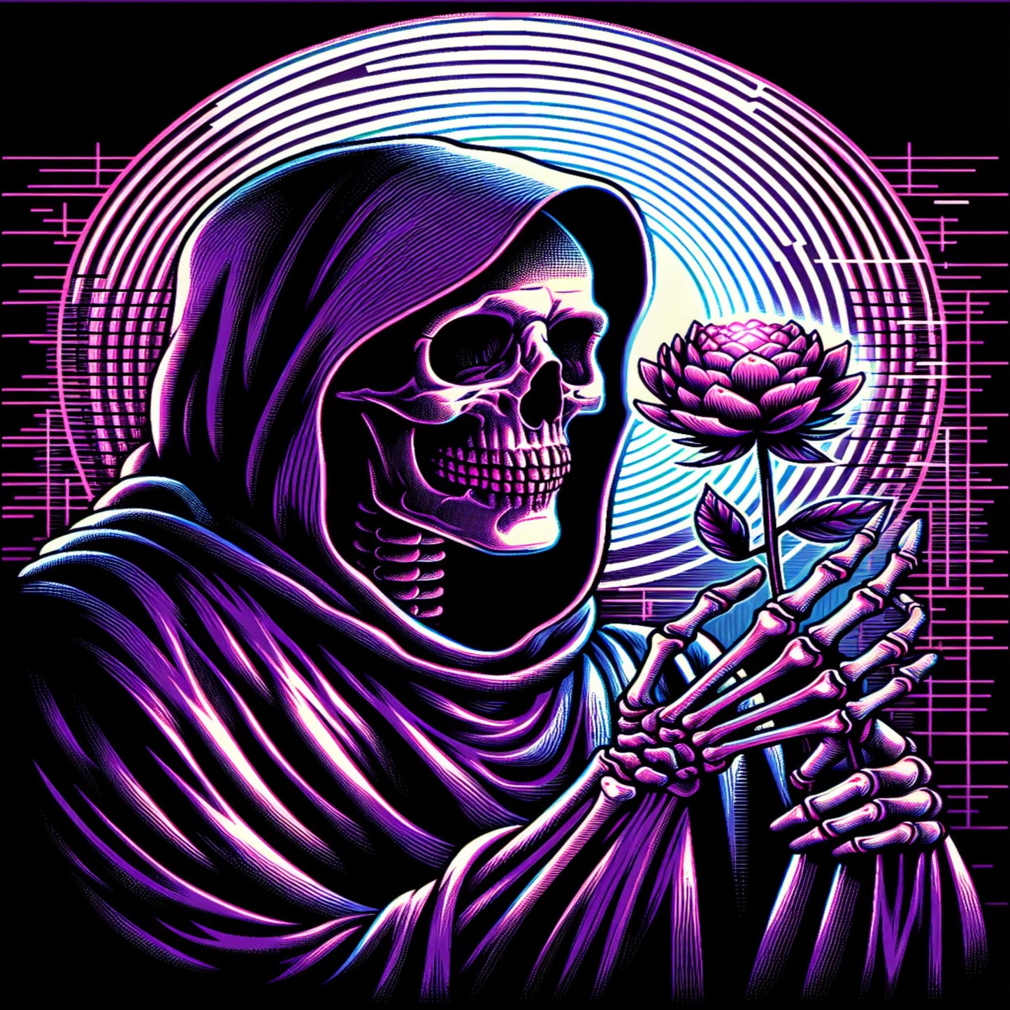 Skeleton in Purple Cape holding a glowing Flower