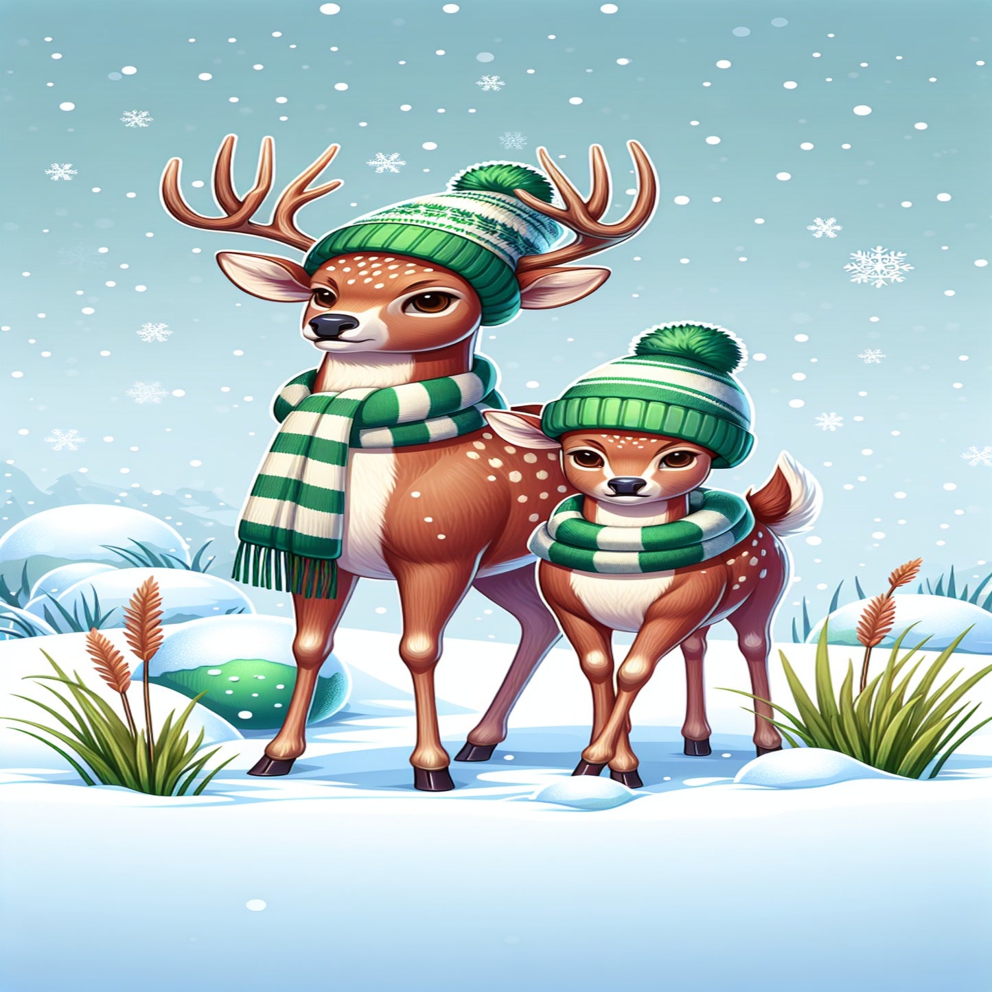 The deer are standing on a snowy background