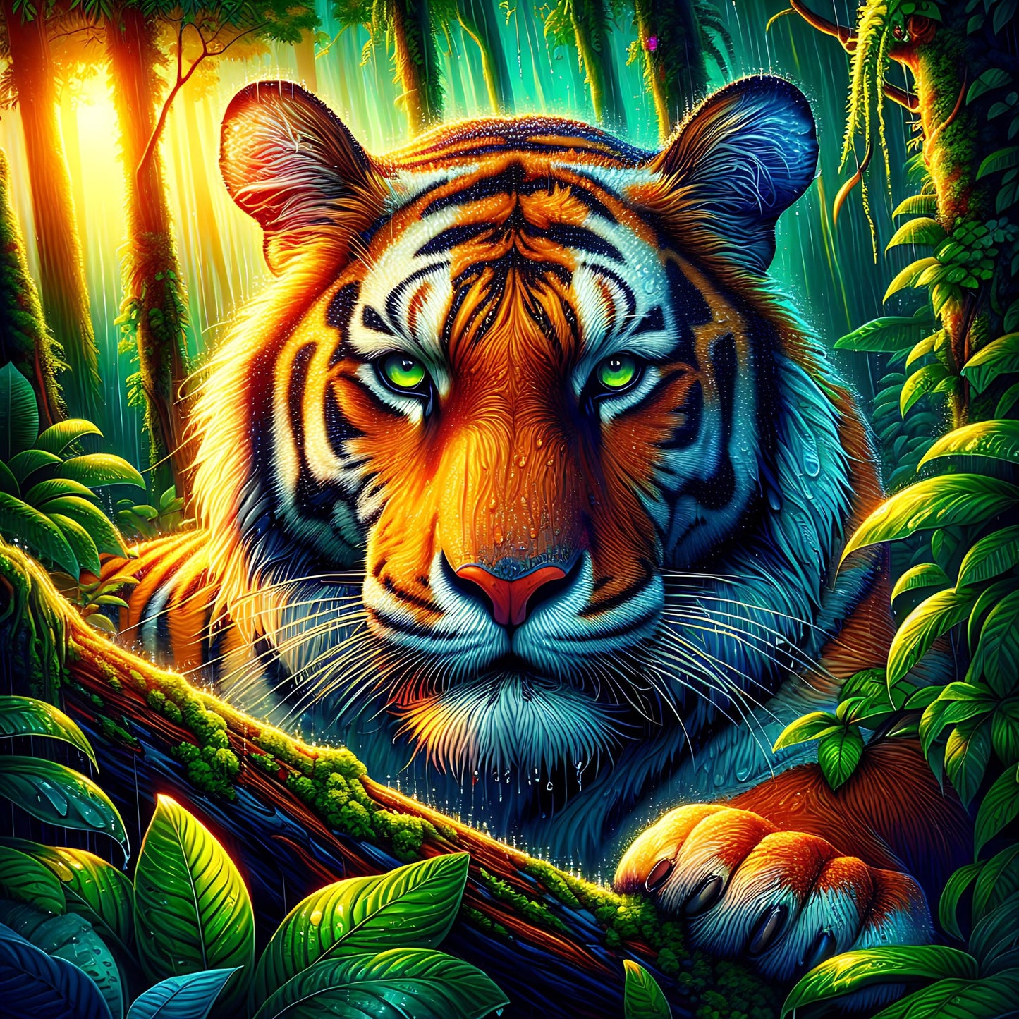 Majestic tiger in lush rainforest