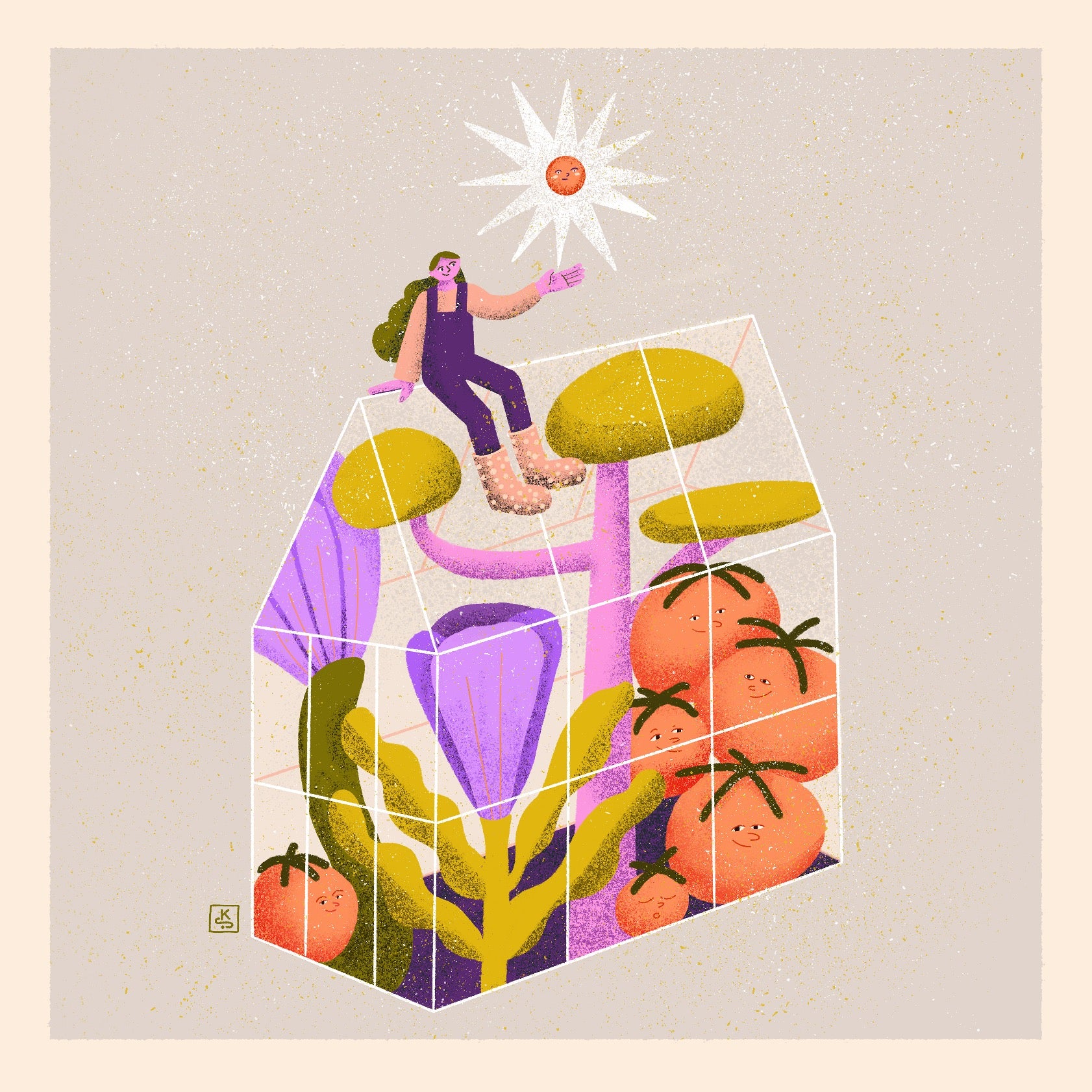 Woman with sun sitting on her greenhouse