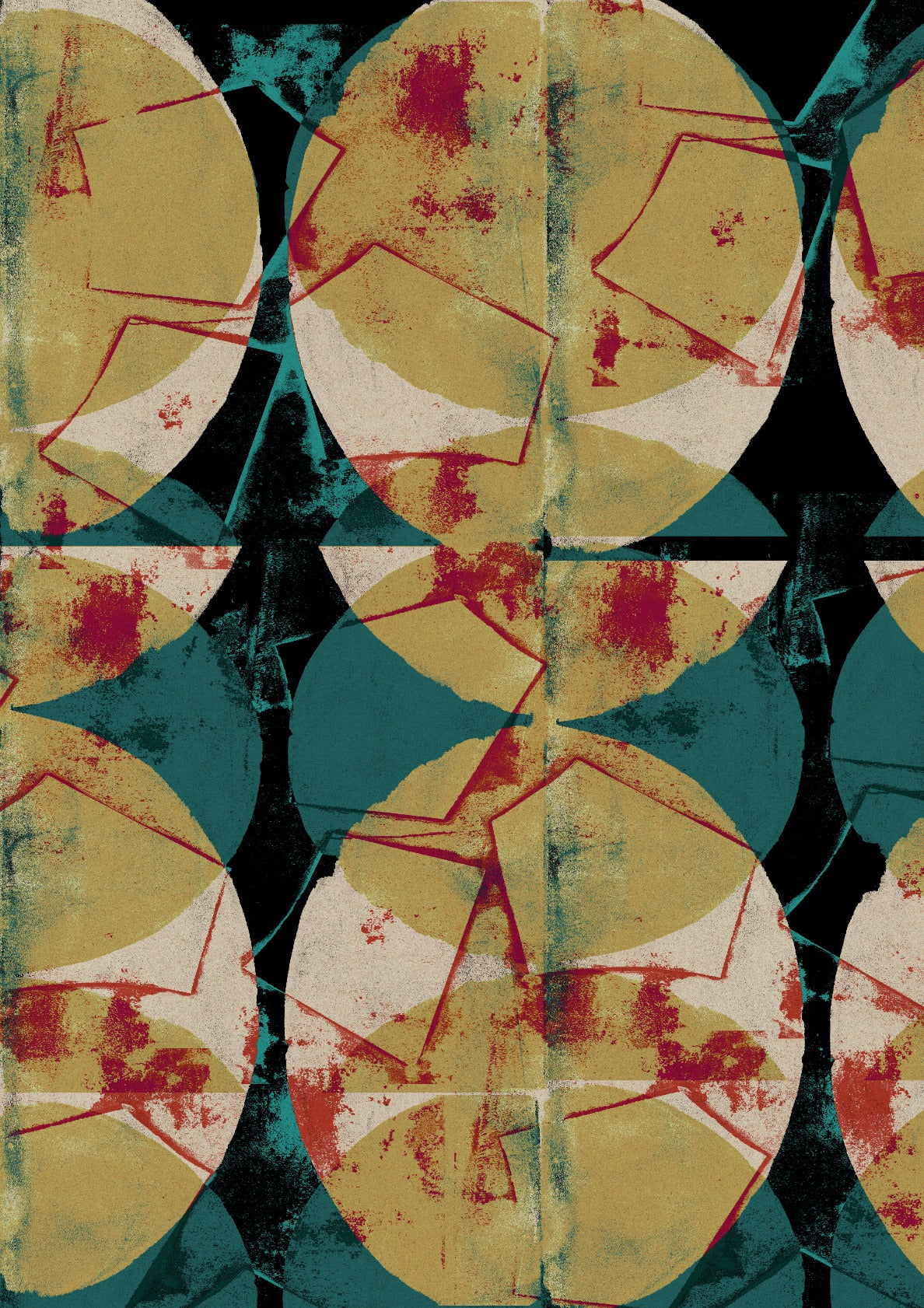 Retro living. Abstract shapes in green, yellow, red and black.