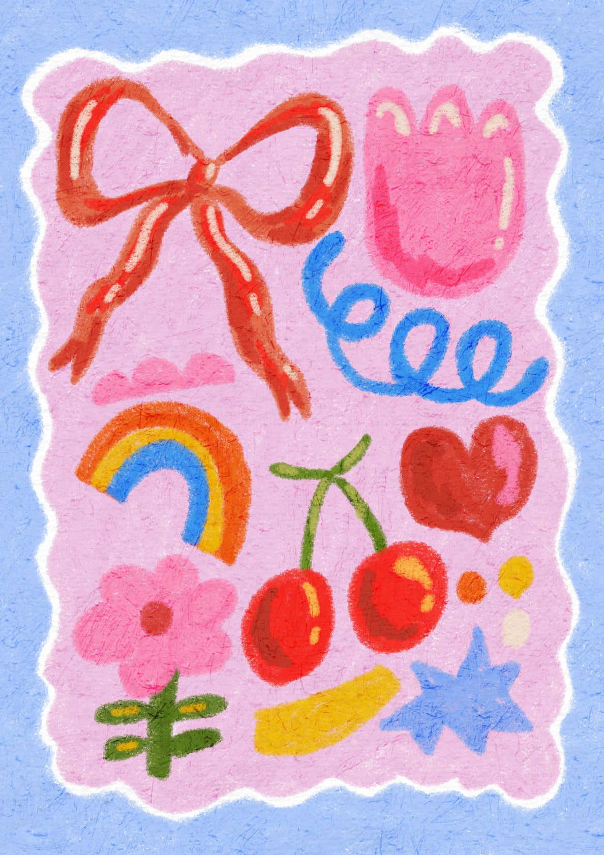 Playful Abstract Collage with Bow, Flowers, and Cherry Illustration