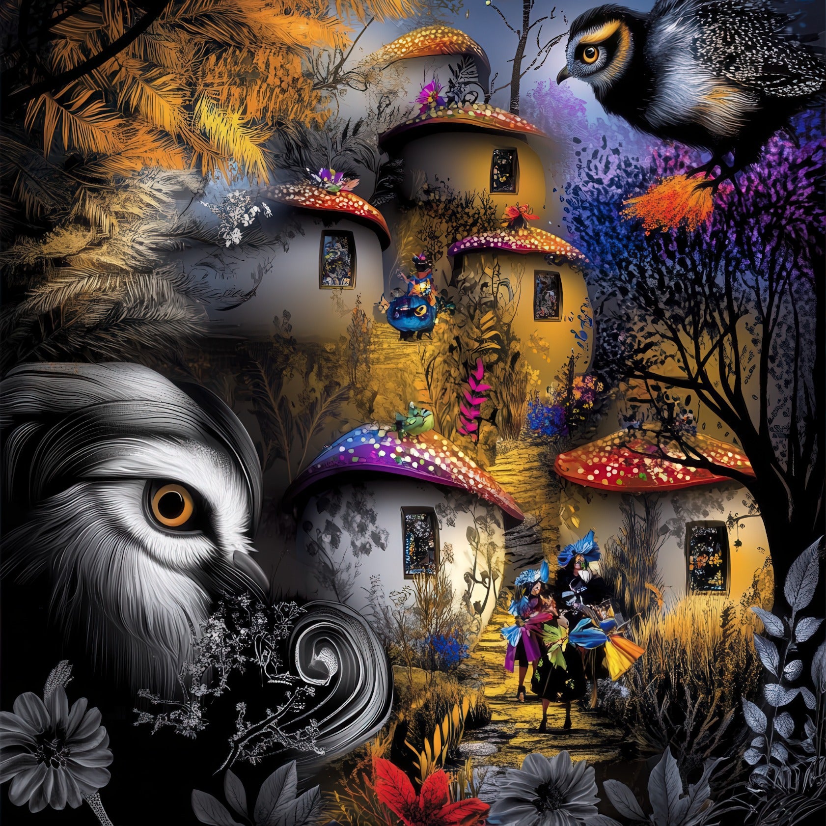 Whimsical Forest Village - Magical Woodland Creatures Art"