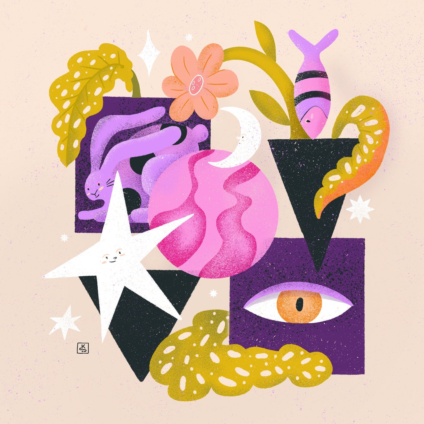 Still life with rabbit, leaves, fish, eye, stars and moon