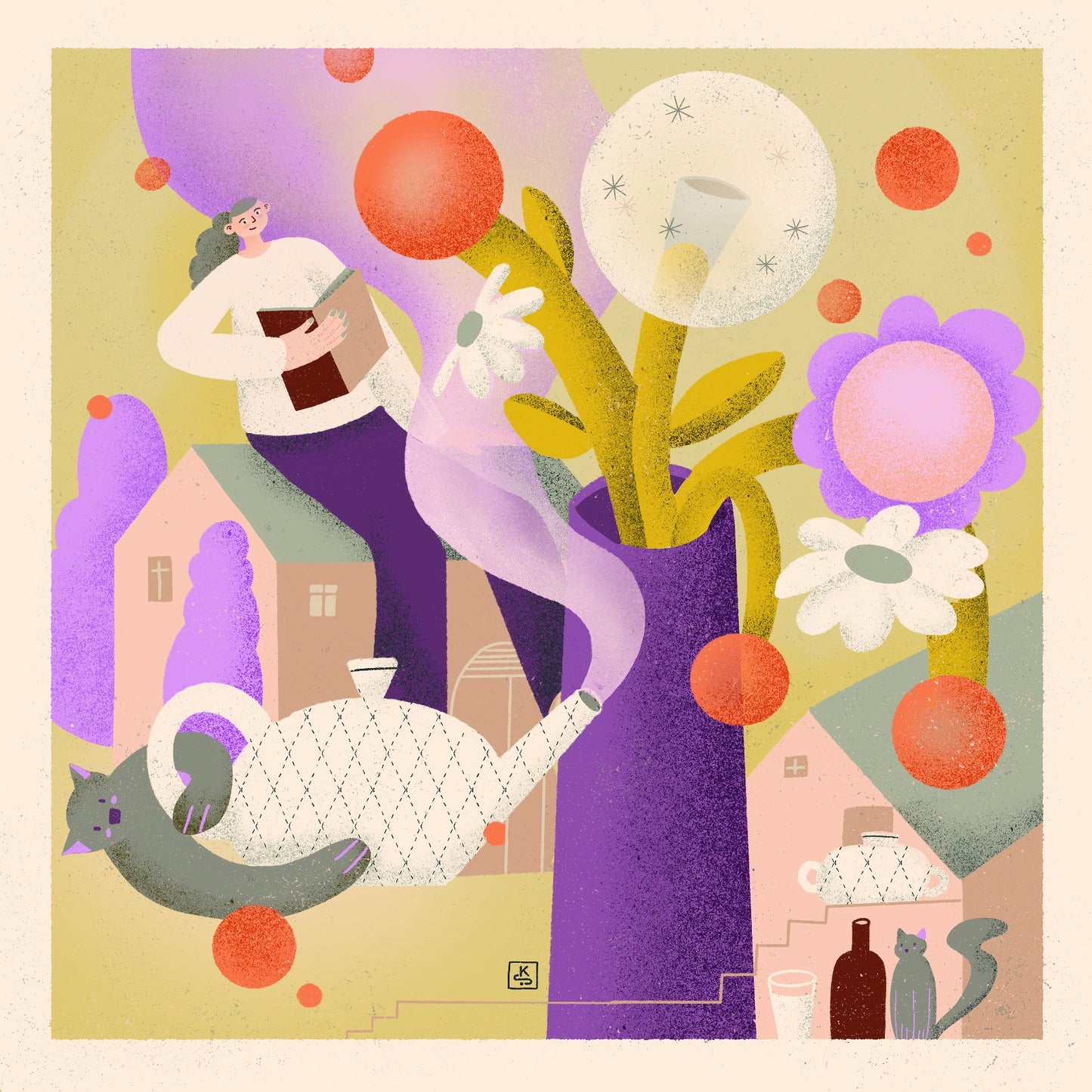 Cosy home with flowers, cats, books and tea Illustration