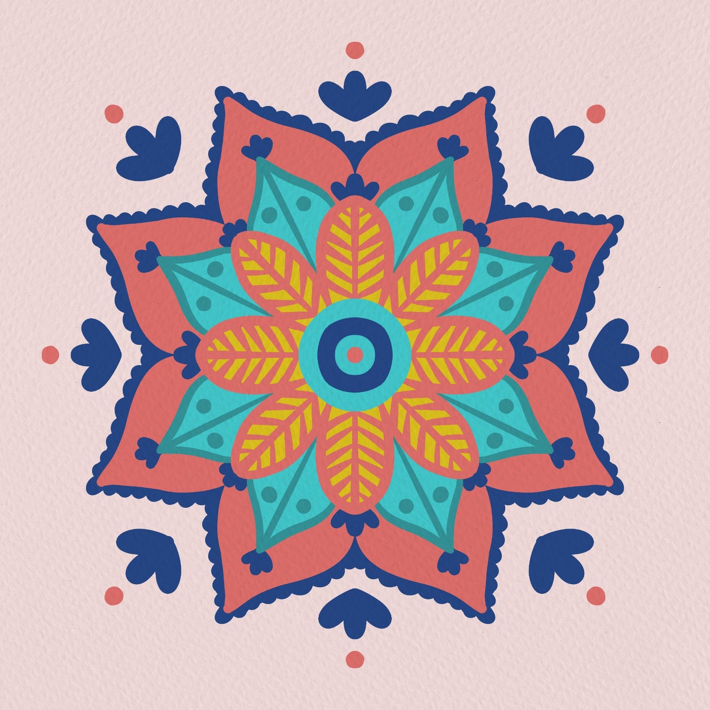 Abstract mandala - coral, blue and yellow