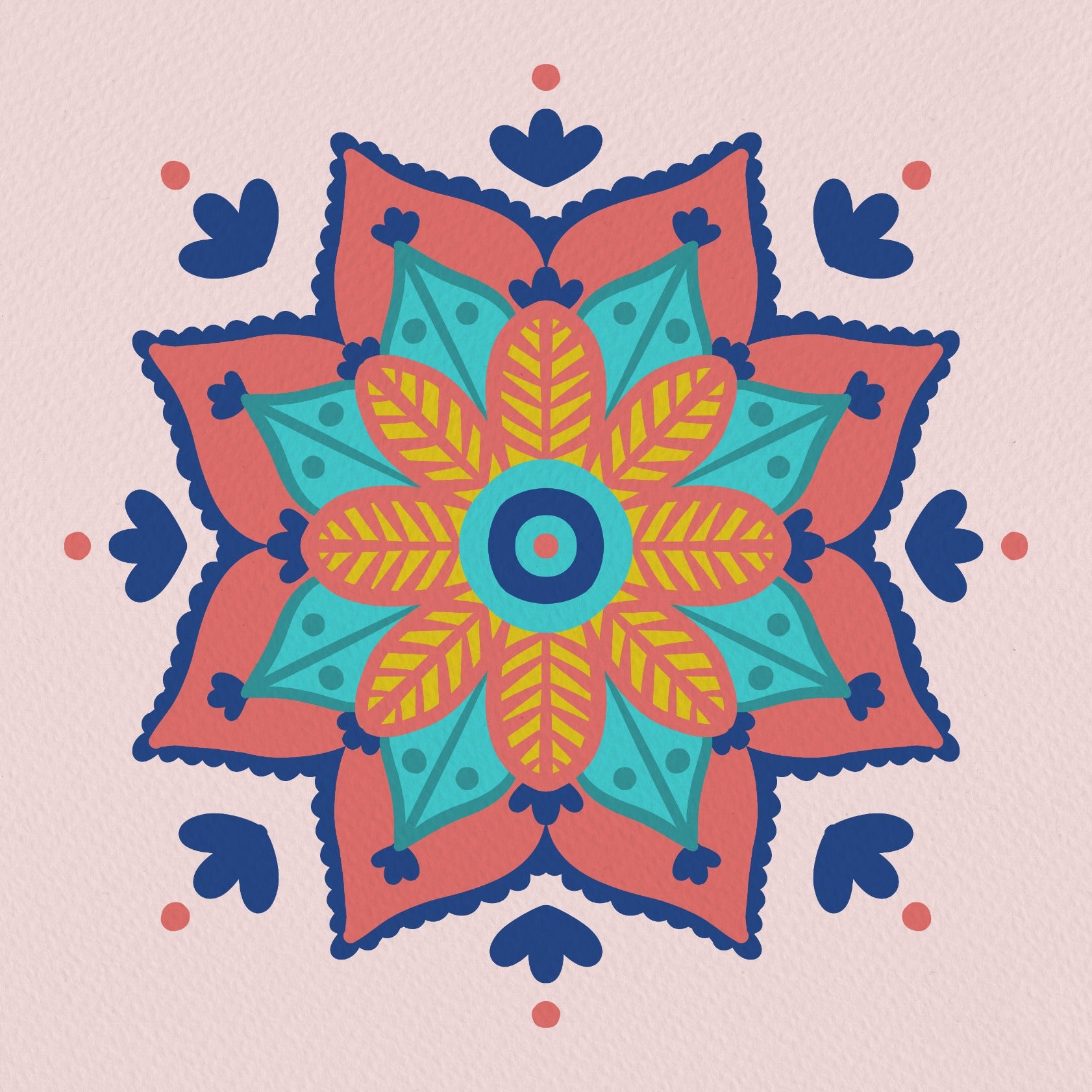 Abstract mandala - coral, blue and yellow