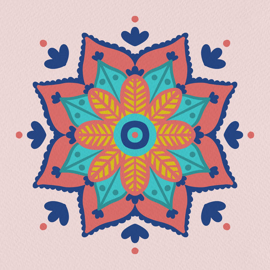 Abstract mandala - coral, blue and yellow