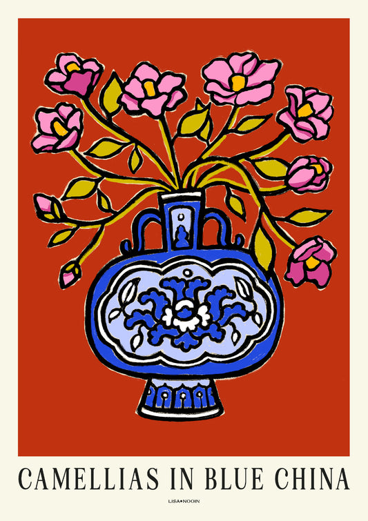 Red Camellias in Blue China