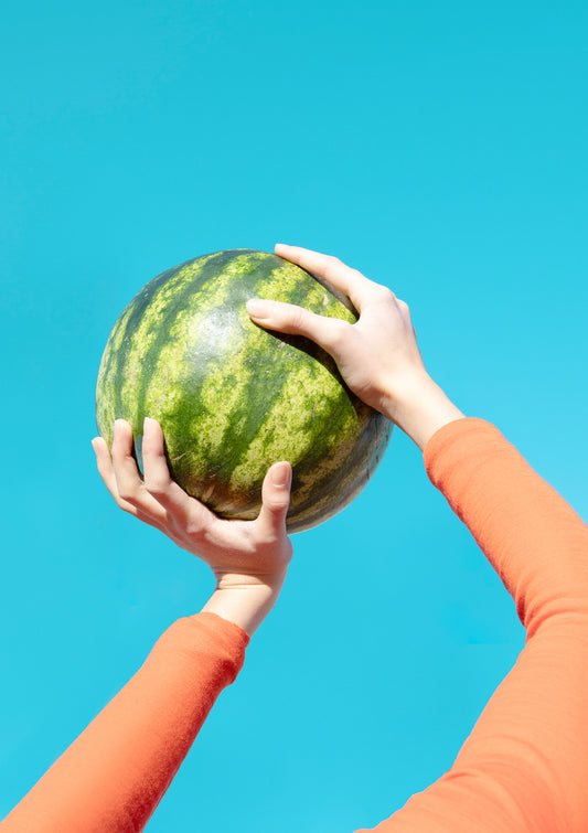 Hands raising juicy watermelon / vibrant pop art style photo print