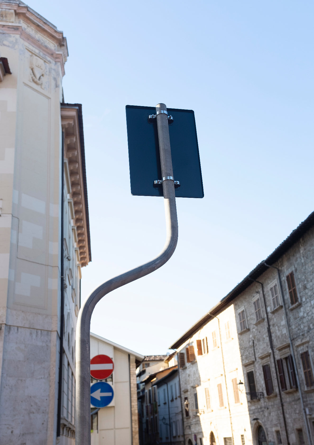 Curvy traffic sign and city view / minimal style photo print