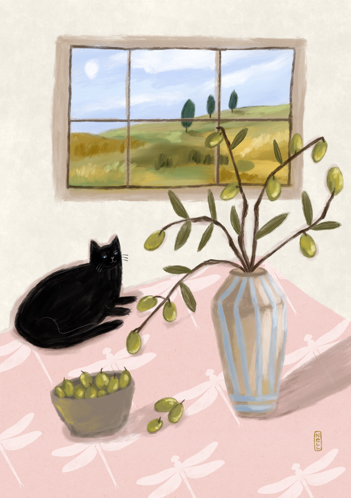 A Black Cat and Olives Still Life
