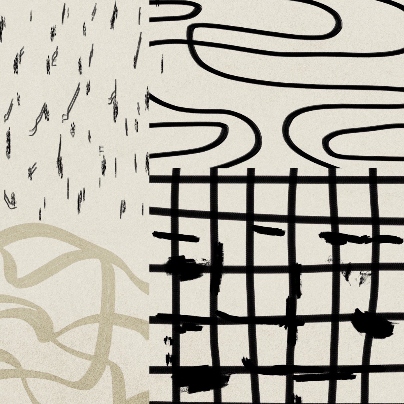 With various shapes and brushstrokes in black, beige and gold tones