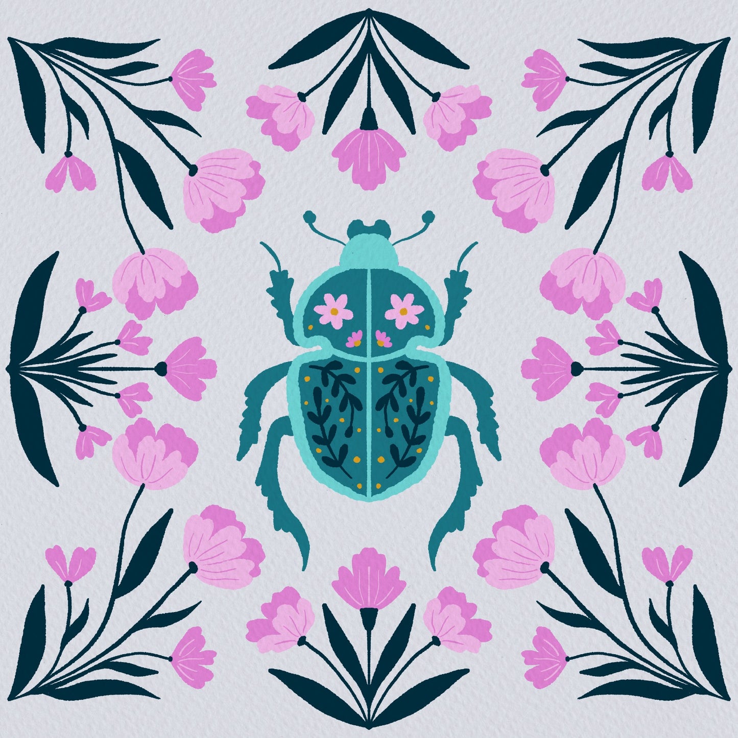 Beetle and flowers - pink and turquoise