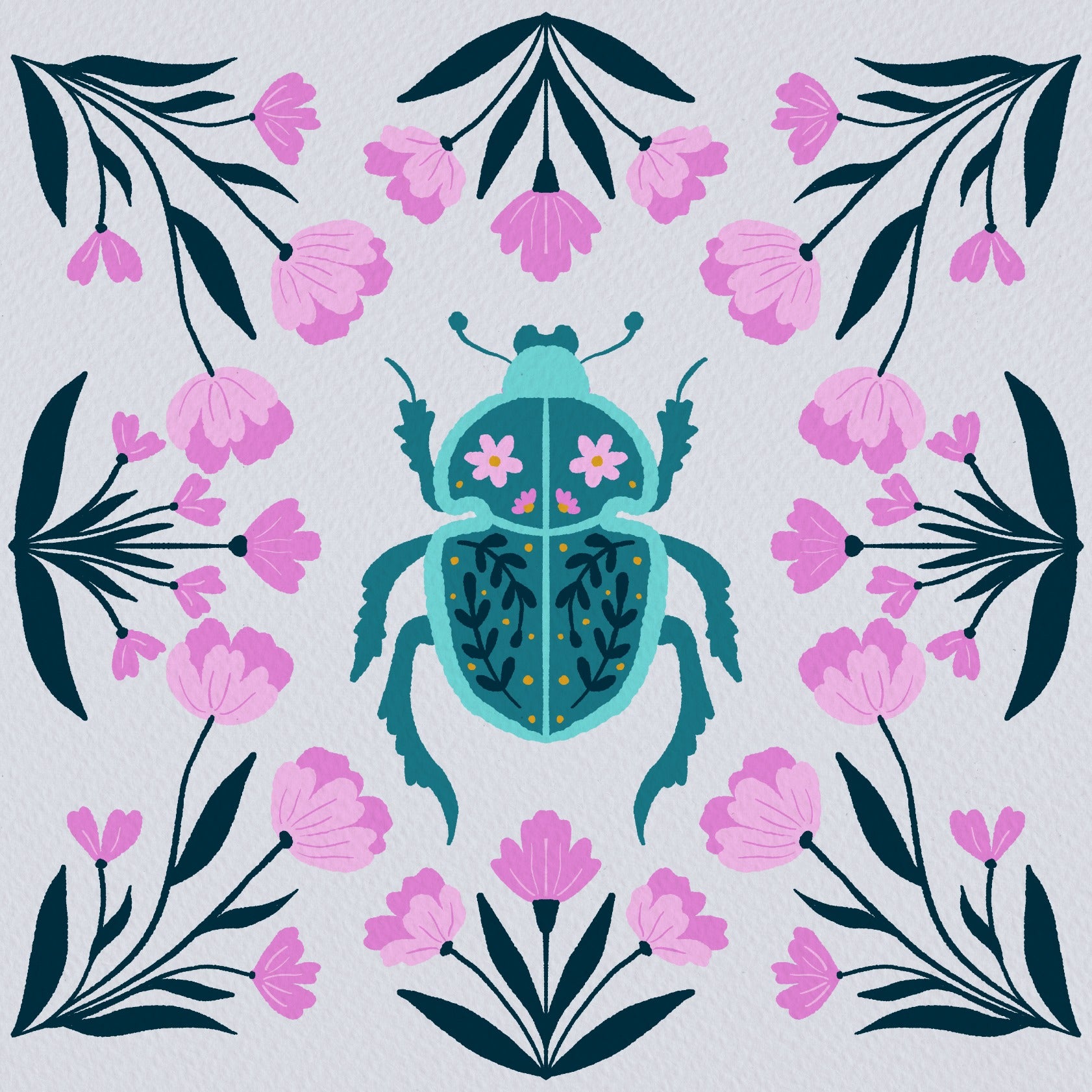 Beetle and flowers - pink and turquoise