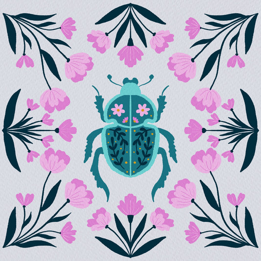 Beetle and flowers - pink and turquoise