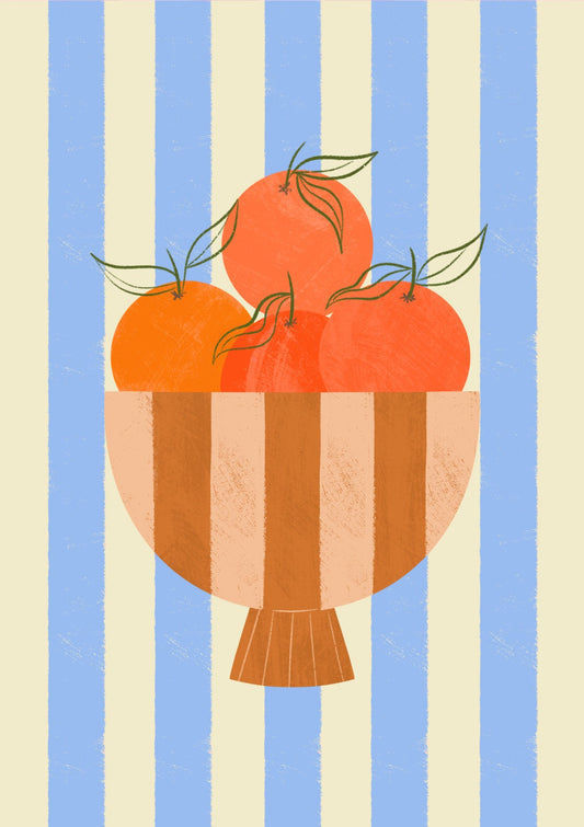 Oranges in Striped Bowl