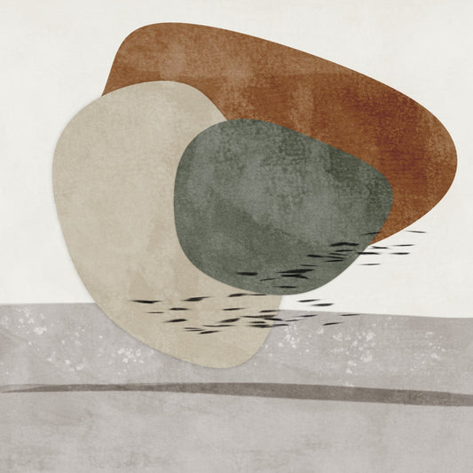 Geometric shapes with textures in green, rust brown and beige tones