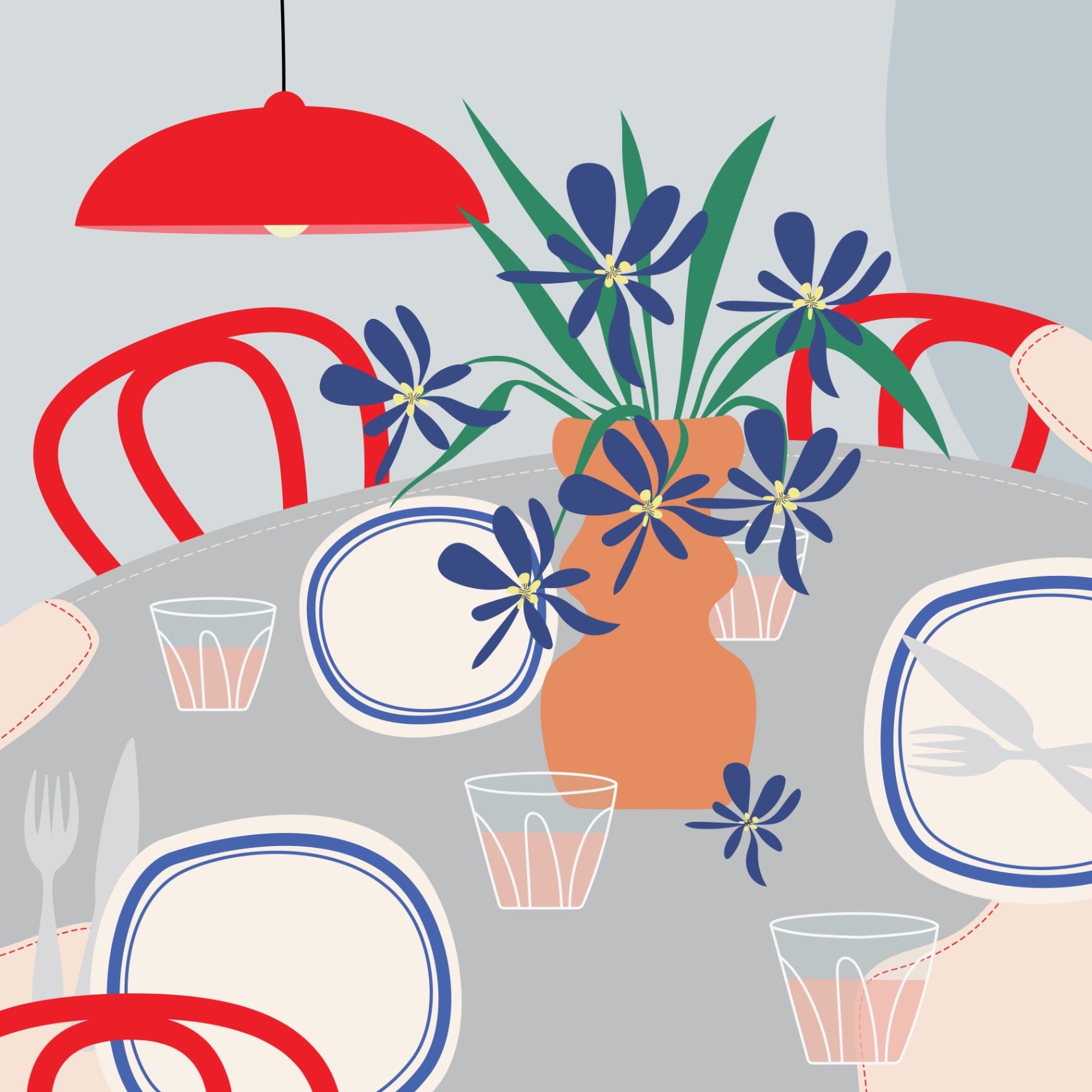 Red Chairs and Blue Irises