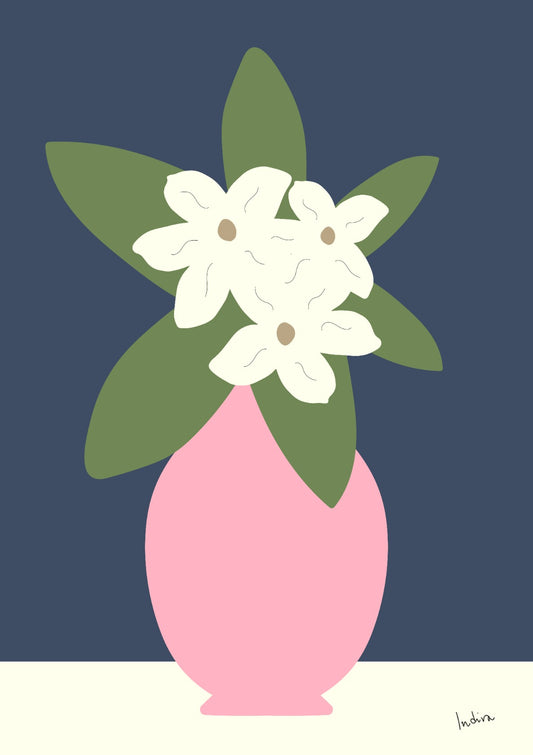 Three Madagascar jasmines in a pink vase