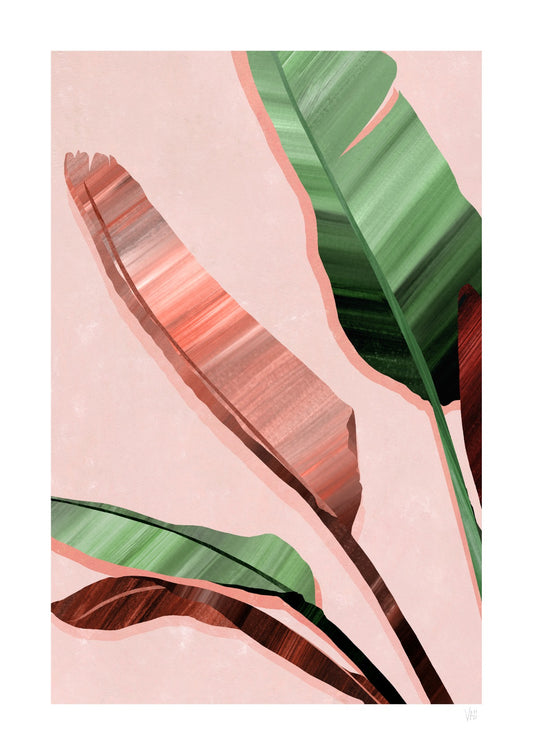 Pink and Green Banana Leaf Art Print