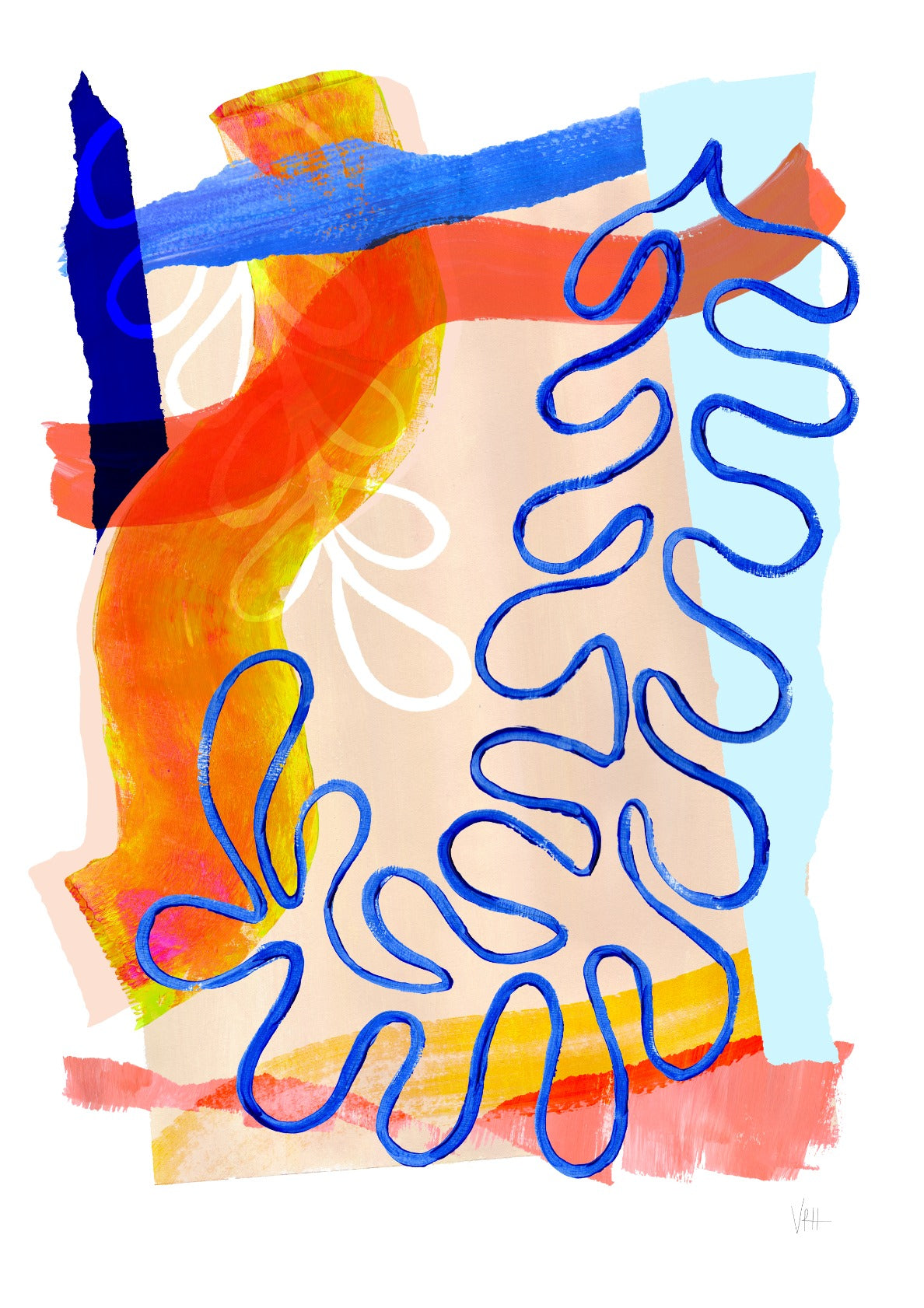 Blue Orange Abstract Leaf Art Print