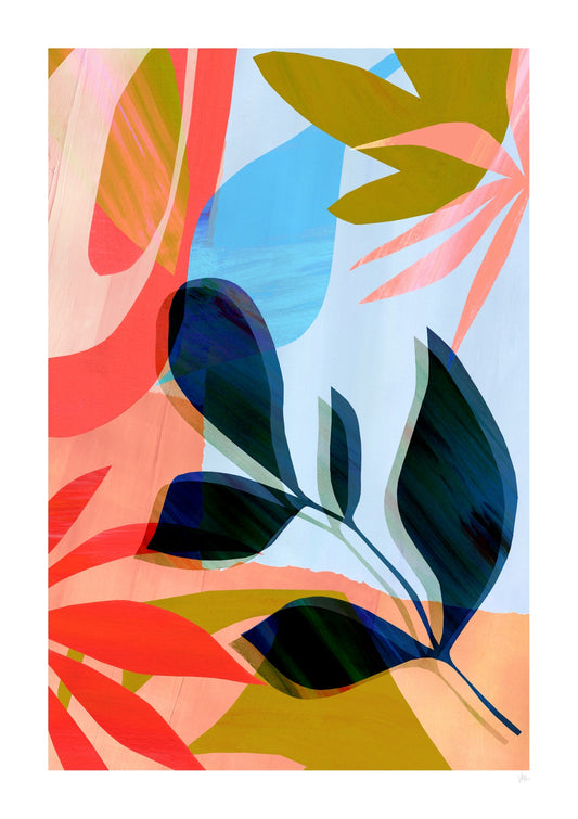 Blue Pink Abstract Leaf Art Print