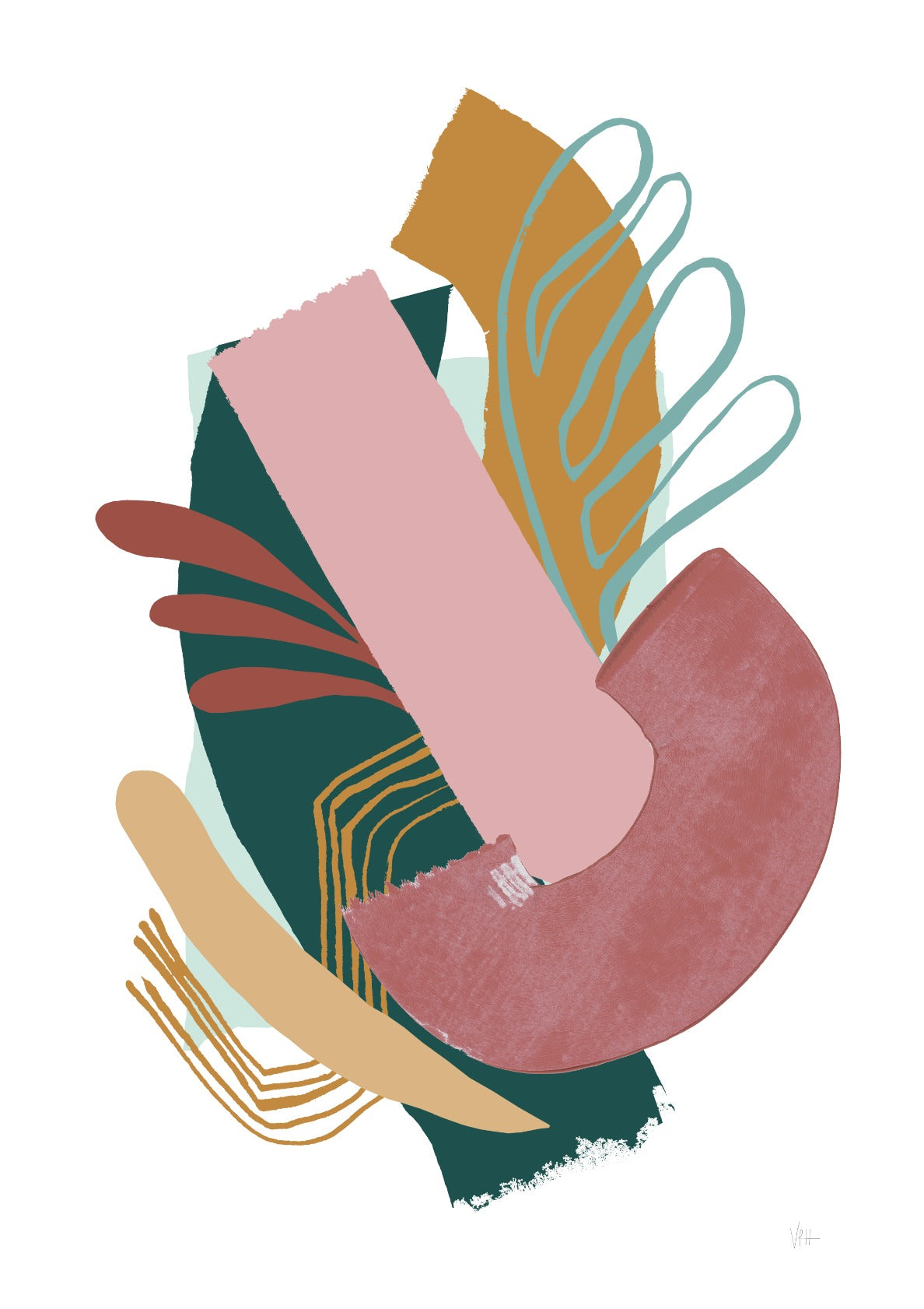 Dark Green and Pink Abstract Art Print