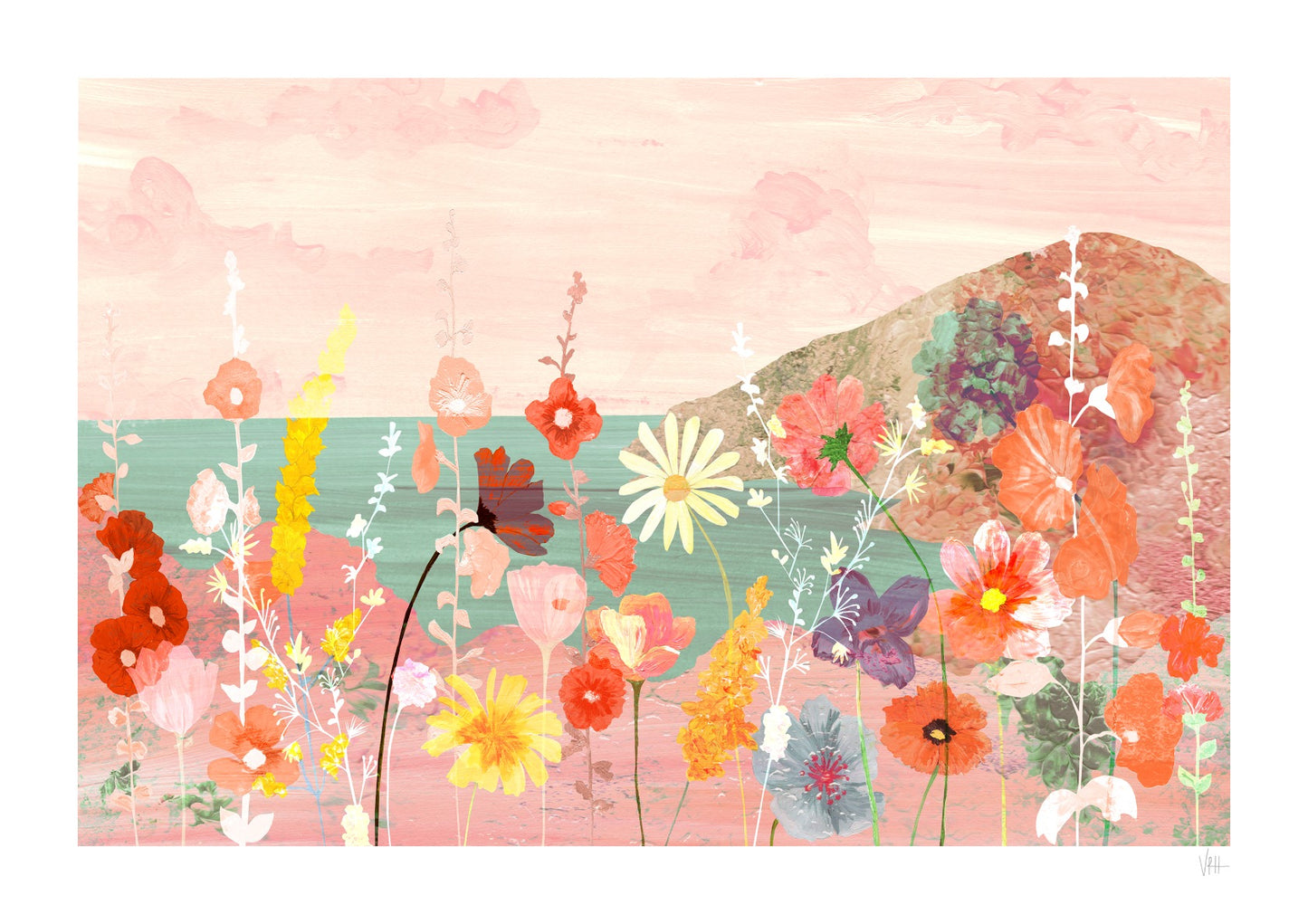 Coastal Pink Flower Landscape Print