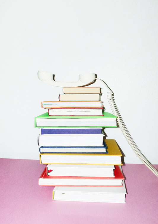 Playful contemporary landline and books print