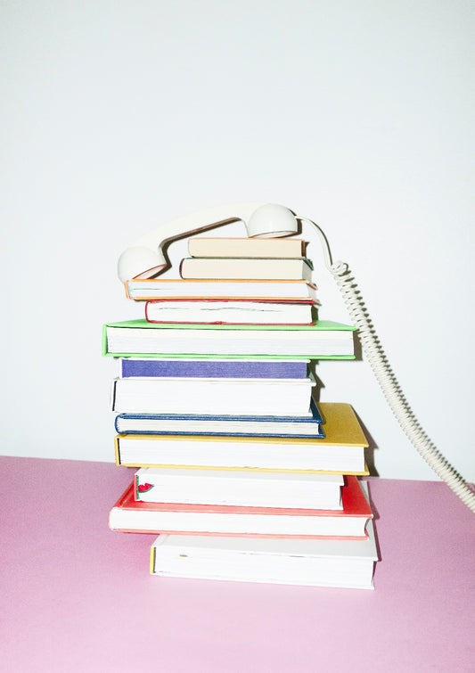 Playful contemporary landline and books print