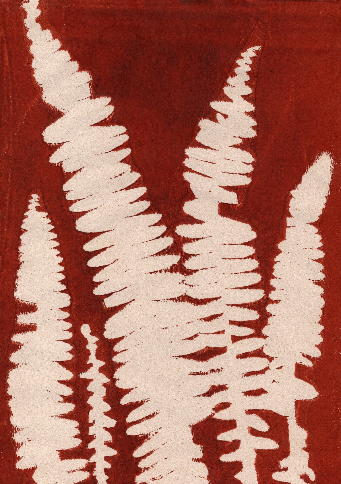 Fern leaves in white and brick red.