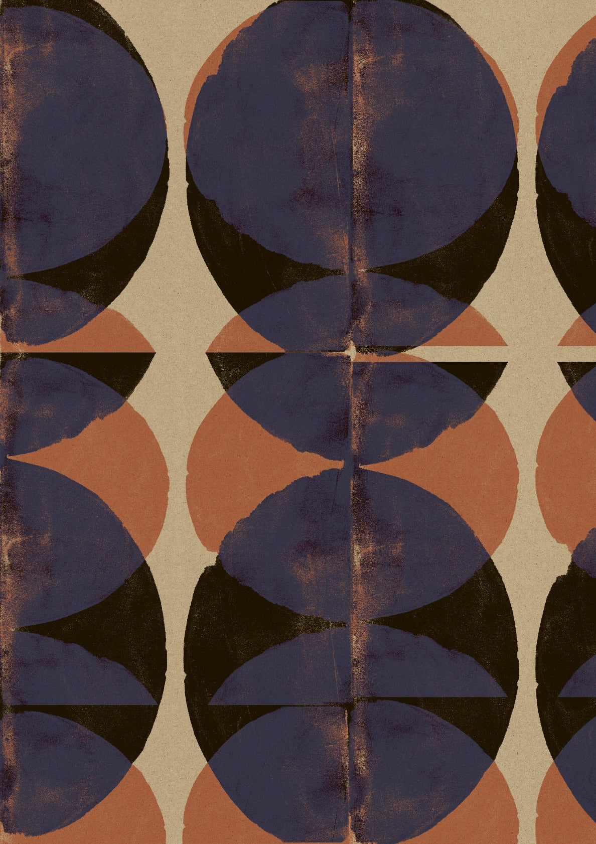 Abstract shapes in terracotta, black and violet.