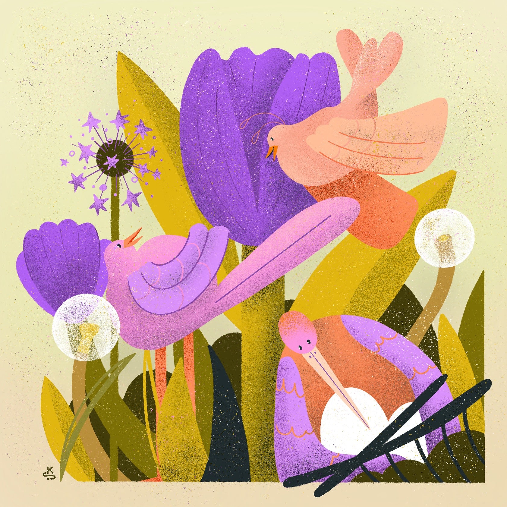 Happy birds with spring flowers