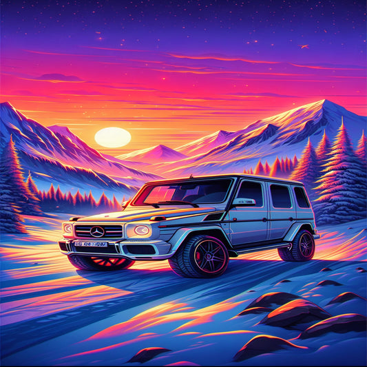 sunset snow mountains car