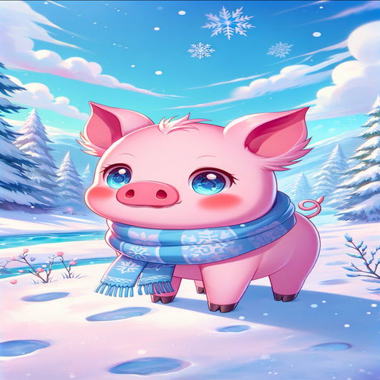Cute pink piggy with a blue neck scarf