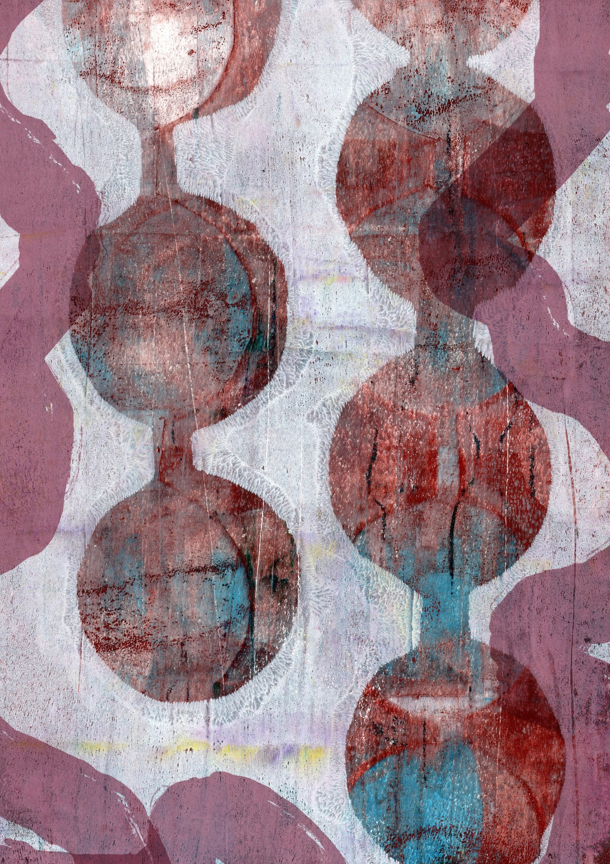 Abstract shapes in rusty brown, purple and white.