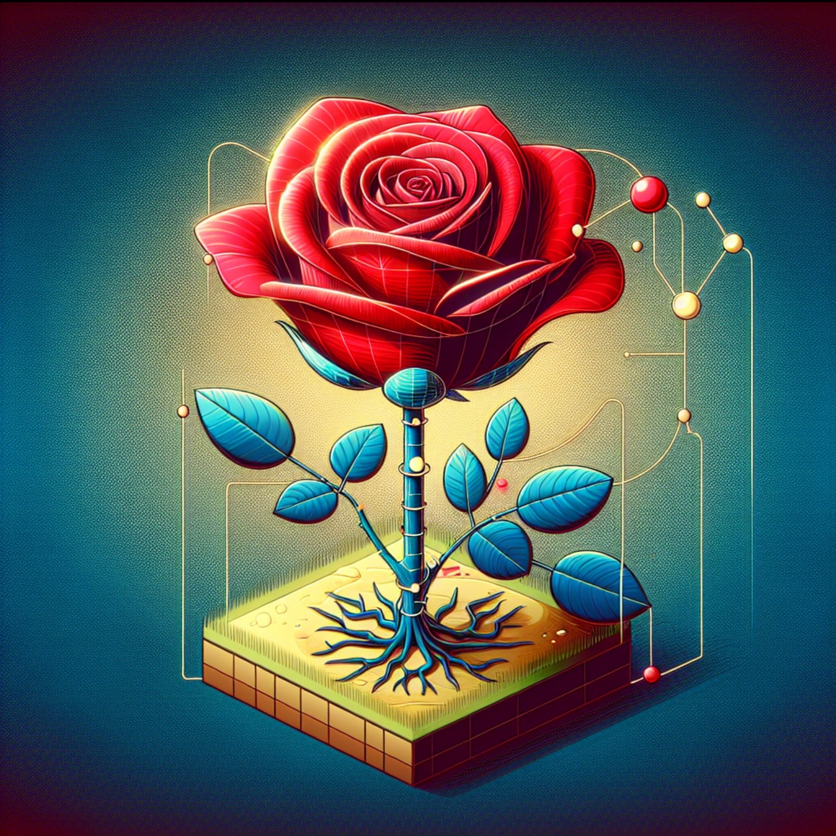 Diagram of a single red rose growing out