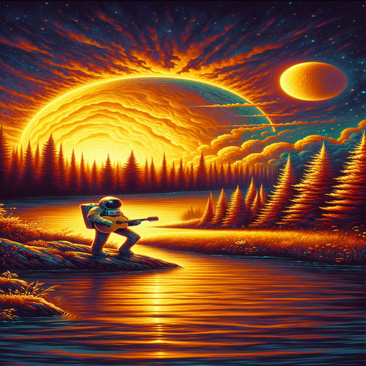 A sunset golden Oil painting of a astronaut playing guitar