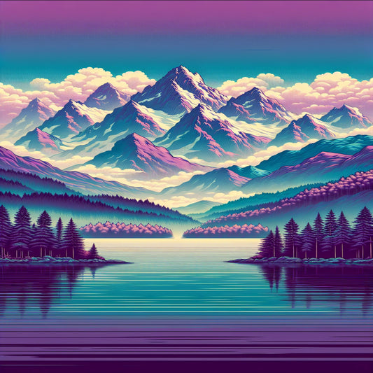 Orange sun misty mountains