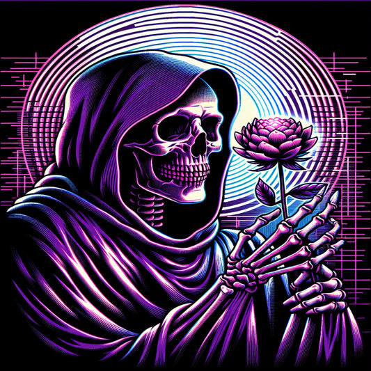 Skeleton in Purple Cape holding a glowing Flower