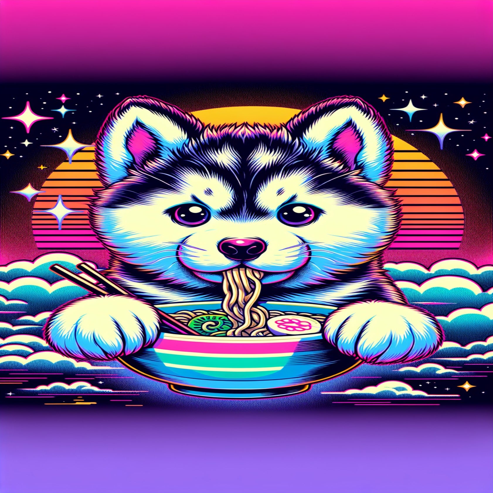 Cute husky puppy enjoying ramen 