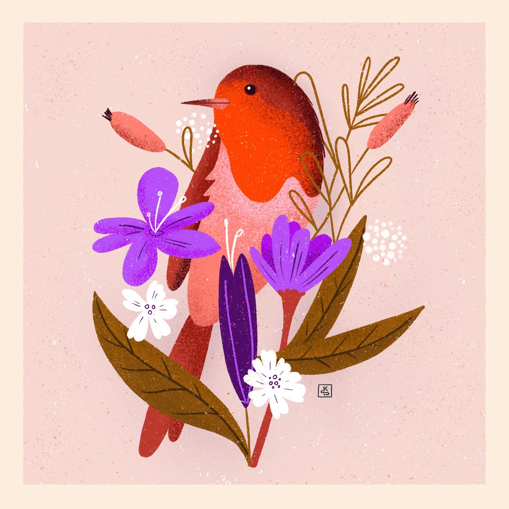 Robin in spring flowers