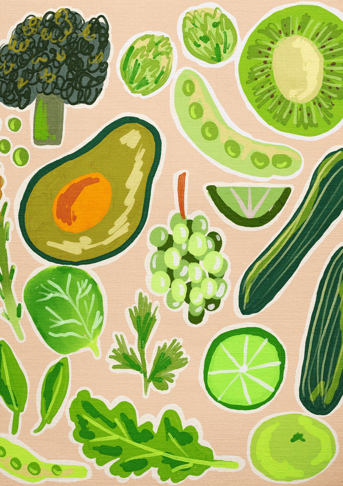 Vibrant Green Fruits and Vegetables Art Beige