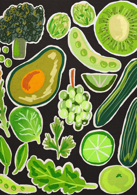 Vibrant Green Fruits and Vegetables Art Black
