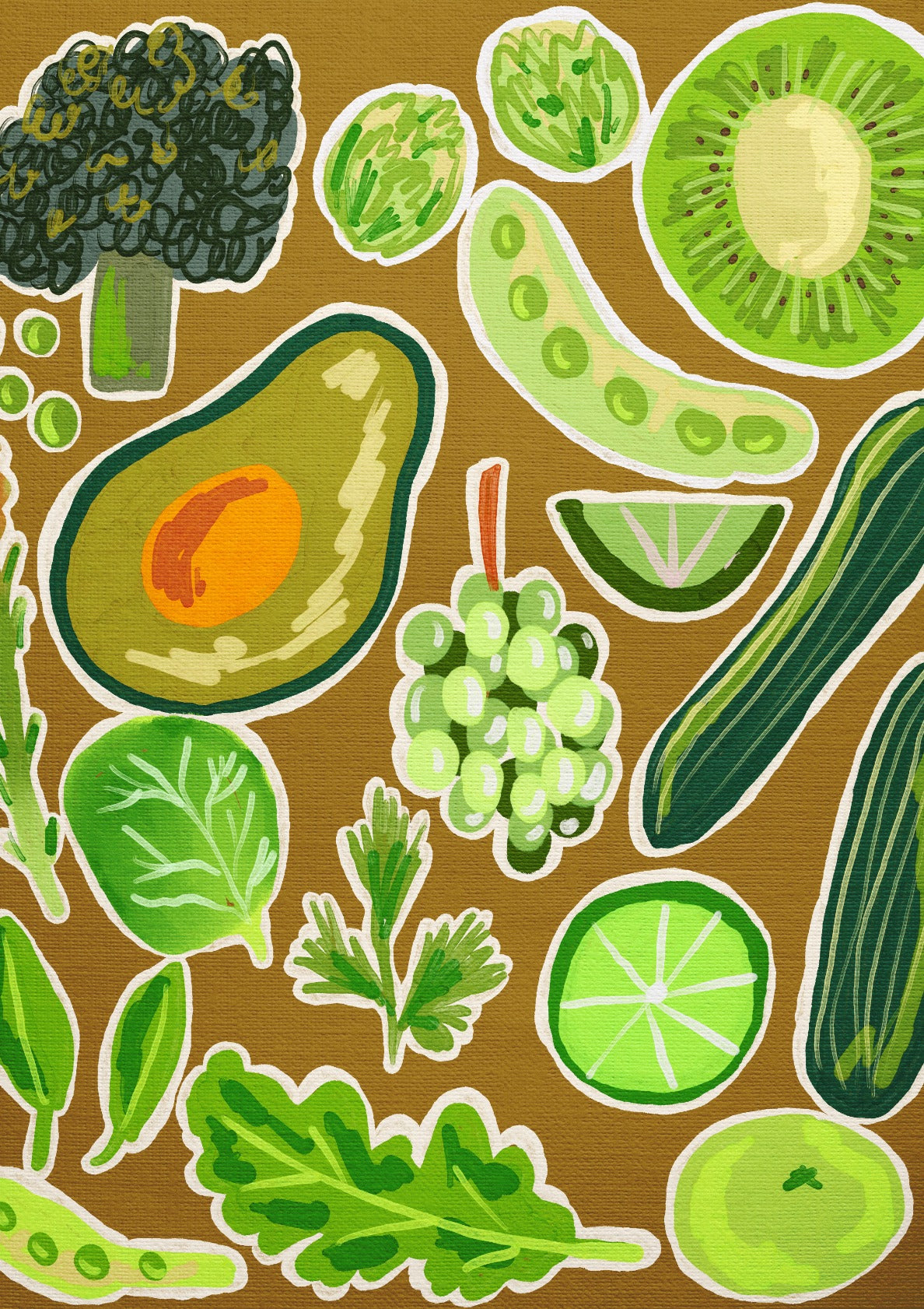 Vibrant Green Fruits and Vegetables Art Brown